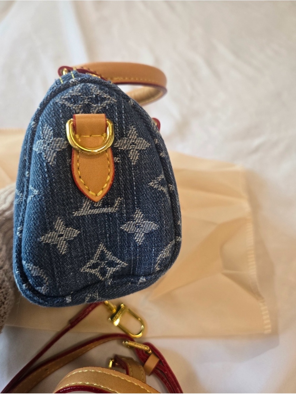 Luxury Fashion Denim Mini Speedy Bag in Blue with Tan Trim - Picture 7 of 16